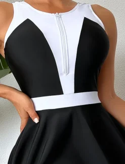 Clearance Women's Swimwear Swimdresses One Piece Tankini Swimsuit Tummy Control High Waist Slim Vacation Beach Wear Color Block Round Neck Sleeveless Bathing Suits Women Swimdresses