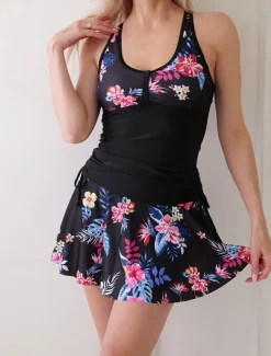 Hot Women's Swimwear Swimdresses 2 Piece Tankini Skirt Swimsuit Backless Criss Cross Tummy Control High Waist Slim Vacation Beach Wear Floral U Neck Sleeveless Bathing Suits Women Swimdresses