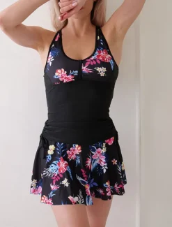 Hot Women's Swimwear Swimdresses 2 Piece Tankini Skirt Swimsuit Backless Criss Cross Tummy Control High Waist Slim Vacation Beach Wear Floral U Neck Sleeveless Bathing Suits Women Swimdresses
