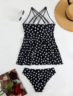 Best Women's Swimwear Swimdresses 2 Piece Cheeky Tankini Swimsuit Backless High Waist Vacation Beach Wear Polka Dot V Neck Sleeveless Bathing Suits Women Swimdresses