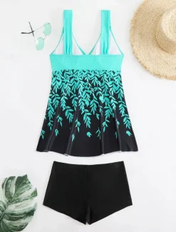 Women's Swimwear Swimdresses 2 Piece Tankini Swimsuit Backless Slim Vacation Beach Wear Floral V Neck Sleeveless Bathing Suits Women Swimdresses