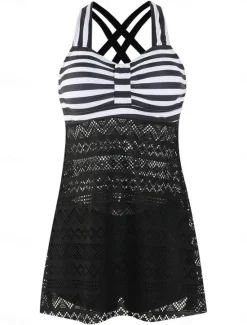 Discount Women's Swimwear Swimdresses 2 Piece Tankini Swimsuit Backless High Waist Vacation Beach Wear Stripe Halter Neck Sleeveless Bathing Suits Women Swimdresses