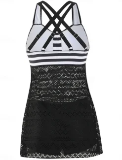 Discount Women's Swimwear Swimdresses 2 Piece Tankini Swimsuit Backless High Waist Vacation Beach Wear Stripe Halter Neck Sleeveless Bathing Suits Women Swimdresses