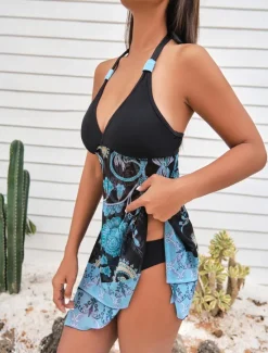 Outlet Women's Swimwear Swimdresses 2 Piece Cheeky Tankini Swimsuit Backless High Waist Slim Vacation Beach Wear Graphic Halter Neck Sleeveless Bathing Suits Women Bikinis|Swimdresses
