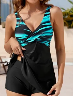 Best Women's Swimwear Swimdresses Tankini Swimsuit Backless High Waist Vacation Beach Wear Striped V Neck Sleeveless Bathing Suits Women Swimdresses