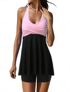 Discount Women's Swimwear Swimdresses Swimsuit Backless Patchwork Elegant Fashion Color Block Halter Neck Sleeveless Bathing Suits Women Swimdresses