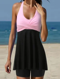 Discount Women's Swimwear Swimdresses Swimsuit Backless Patchwork Elegant Fashion Color Block Halter Neck Sleeveless Bathing Suits Women Swimdresses