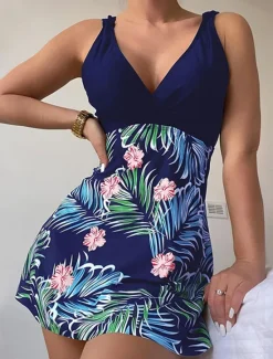 Outlet Women's Swimwear Swimdresses Tummy Control Tankini Swimsuit Backless Tummy Control High Waist Slim Vacation Beach Wear Graphic V Neck Sleeveless Bathing Suits Women Swimdresses