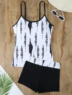 Discount Women's Swimwear Tankini 2 Piece Boy Leg Swimsuit Backless High Waist Vacation Beach Wear Graphic Round Neck Sleeveless Bathing Suits Women Tankinis