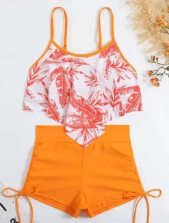Online Women's Swimwear Tankini 2 Piece Boy Leg Swimsuit Backless High Waist Vacation Beach Wear Leaves V Neck Sleeveless Bathing Suits Women Tankinis