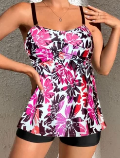 Outlet Women's Swimwear Tankini 2 Piece Boy Leg Swimsuit Backless High Waist Vacation Beach Wear Floral V Neck Sleeveless Bathing Suits Women Tankinis|Spring Swimwear