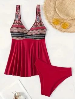 Best Women's Swimwear Tankini 2 Piece Cheeky Swimsuit Backless High Waist Vacation Beach Wear Geometric V Neck Sleeveless Bathing Suits Women Tankinis