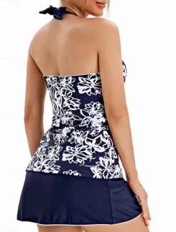 Clearance Women's Swimwear Tankini 2 Piece Skirt Swimsuit Backless High Waist Vacation Beach Wear Floral V Neck Sleeveless Bathing Suits Women Tankinis
