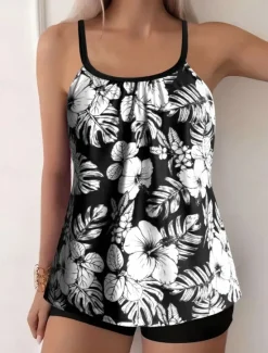 Online Women's Swimwear Tankini 2 Piece Boy Leg Swimsuit Backless High Waist Vacation Beach Wear Floral Leaves Round Neck Sleeveless Bathing Suits Women Tankinis|Spring Swimwear