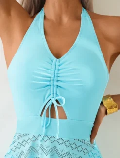 New Women's Swimwear Tankini 2 Piece Cheeky Swimsuit Mesh Backless High Waist Vacation Beach Wear Solid Color V Neck Sleeveless Bathing Suits Women Tankinis