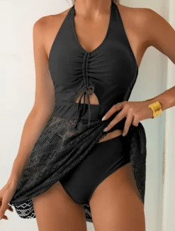 New Women's Swimwear Tankini 2 Piece Cheeky Swimsuit Mesh Backless High Waist Vacation Beach Wear Solid Color V Neck Sleeveless Bathing Suits Women Tankinis