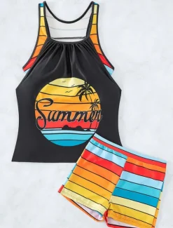 Hot Women's Swimwear Tankini 2 Piece Boy Leg Swimsuit Backless High Waist Vacation Beach Wear Stripe V Neck Sleeveless Bathing Suits Women Tankinis