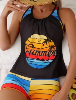 Hot Women's Swimwear Tankini 2 Piece Boy Leg Swimsuit Backless High Waist Vacation Beach Wear Stripe V Neck Sleeveless Bathing Suits Women Tankinis