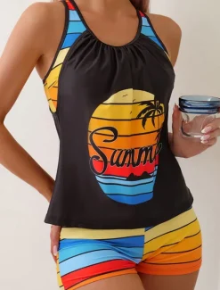 Hot Women's Swimwear Tankini 2 Piece Boy Leg Swimsuit Backless High Waist Vacation Beach Wear Stripe V Neck Sleeveless Bathing Suits Women Tankinis