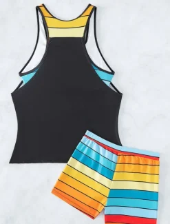Hot Women's Swimwear Tankini 2 Piece Boy Leg Swimsuit Backless High Waist Vacation Beach Wear Stripe V Neck Sleeveless Bathing Suits Women Tankinis