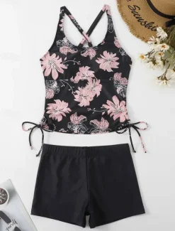 Clearance Women's Swimwear Tankini 2 Piece Boy Leg Swimsuit Backless Drawstring High Waist Vacation Beach Wear Floral U Neck Sleeveless Bathing Suits Women Tankinis