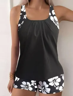 Hot Women's Swimwear Tankini 2 Piece Boy Leg Swimsuit Backless High Waist Vacation Beach Wear Floral U Neck Sleeveless Bathing Suits Women Tankinis