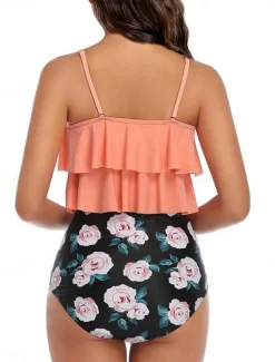 Best Women's Swimwear Tankini 2 Piece Briefs Swimsuit Backless High Waist Vacation Beach Wear Floral Round Neck Sleeveless Bathing Suits Women Tankinis