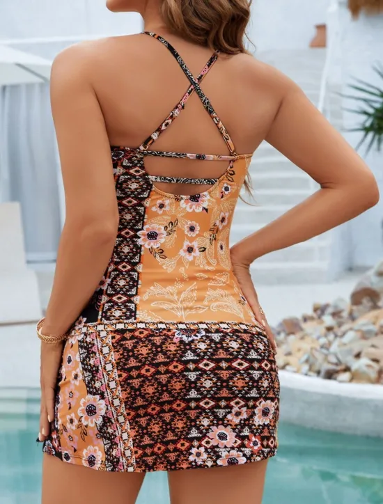 Women's Swimwear Tankini 2 Piece Boy Leg Swimsuit Backless High Waist Vacation Vintage Floral U Neck Sleeveless Bathing Suits Women Tankinis|Spring Swimwear