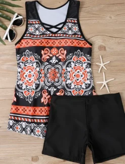 Discount Women's Swimwear Tankini 2 Piece Boy Leg Swimsuit Backless High Waist Vacation Beach Wear Floral V Neck Sleeveless Bathing Suits Women Tankinis