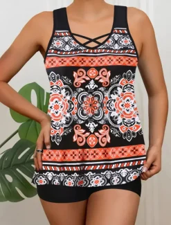 Discount Women's Swimwear Tankini 2 Piece Boy Leg Swimsuit Backless High Waist Vacation Beach Wear Floral V Neck Sleeveless Bathing Suits Women Tankinis