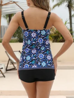New Women's Swimwear Tankini 2 Piece Boy Leg Swimsuit Backless High Waist Vacation Beach Wear Floral V Neck Sleeveless Bathing Suits Women Tankinis