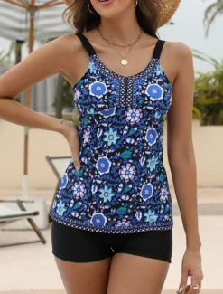 New Women's Swimwear Tankini 2 Piece Boy Leg Swimsuit Backless High Waist Vacation Beach Wear Floral V Neck Sleeveless Bathing Suits Women Tankinis