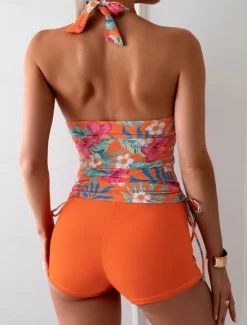 Women's Swimwear Tankini 2 Piece Boy Leg Swimsuit Backless High Waist Vacation Beach Wear Leaves Halter Neck Sleeveless Bathing Suits Women Tankinis