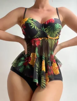 Outlet Women's Swimwear Tankini 2 Piece Cheeky Swimsuit Backless High Waist Vacation Beach Wear Floral V Neck Sleeveless Bathing Suits Women Tankinis