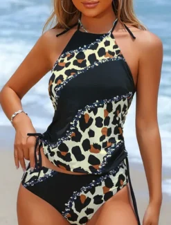 Outlet Women's Swimwear Tankini 2 Piece Cheeky Swimsuit Backless High Waist Vacation Beach Wear Leopard Halter Neck Sleeveless Bathing Suits Women Leopard Swimwear|Tankinis
