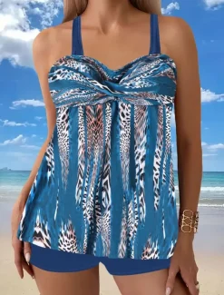 New Women's Swimwear Tankini 2 Piece Boy Leg Swimsuit Backless High Waist Vacation Beach Wear Geometric V Neck Sleeveless Bathing Suits Women Tankinis