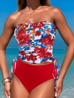 Best Women's Swimwear Tankini 2 Piece Boy Leg Swimsuit Backless High Waist Vacation Beach Wear Floral Strapless Sleeveless Bathing Suits Women Tankinis