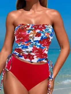 Best Women's Swimwear Tankini 2 Piece Boy Leg Swimsuit Backless High Waist Vacation Beach Wear Floral Strapless Sleeveless Bathing Suits Women Tankinis