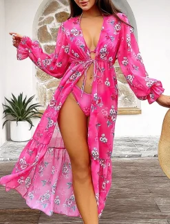 Women's Swimwear Three Piece Swimsuit Backless Slim Vacation Beach Wear Floral V Neck Sleeveless Bathing Suits Women Bikinis