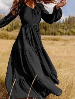 Sale Women's Swing Dress Long Dress Maxi Dress Dark Green Brown Black Long Sleeve Pure Color Ruched Pleated Patchwork Fall Spring V Neck Boho Casual Fall Dress Lantern Sleeve Loose Fit M L XL XXL XXXL 4XL Women Casual Dress