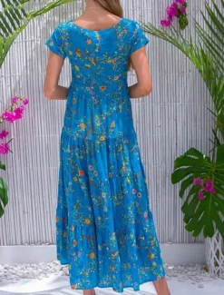 New Women's Swing Dress Tiered Dress Floral Ditsy Floral Print Crew Neck Long Dress Maxi Dress Tropical Boho Home Holiday Short Sleeve Regular Fit Wine Blue Green Summer Fall S M L XL 2XL Women Spring Dresses|Floral Dresses