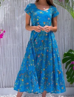 New Women's Swing Dress Tiered Dress Floral Ditsy Floral Print Crew Neck Long Dress Maxi Dress Tropical Boho Home Holiday Short Sleeve Regular Fit Wine Blue Green Summer Fall S M L XL 2XL Women Spring Dresses|Floral Dresses