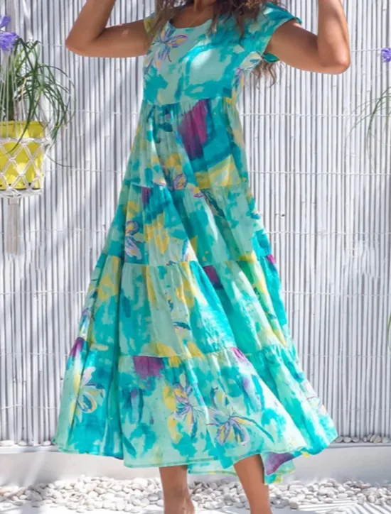 New Women's Swing Dress Tiered Dress Floral Ditsy Floral Print Crew Neck Long Dress Maxi Dress Tropical Boho Home Holiday Short Sleeve Regular Fit Wine Blue Green Summer Fall S M L XL 2XL Women Spring Dresses|Floral Dresses