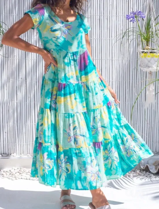 New Women's Swing Dress Tiered Dress Floral Ditsy Floral Print Crew Neck Long Dress Maxi Dress Tropical Boho Home Holiday Short Sleeve Regular Fit Wine Blue Green Summer Fall S M L XL 2XL Women Spring Dresses|Floral Dresses