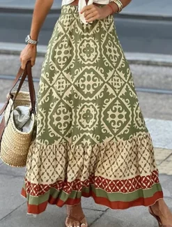 Hot Women's Swing Long Skirt Bohemia Maxi Skirts Ruffle Print Graphic Street Vacation Spring & Summer Fashion coastal grandma style Boho Black Light Green Blue Purple Women Skirts