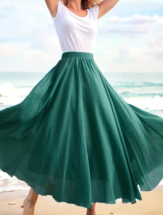 Outlet Women's Swing Long Skirt Casual Summer Maxi High Waist Skirts Solid Colored Layered Long Holiday Casual Daily Black Dark Gray Green Khaki Spring & Summer Linen Cotton Blend Women Skirts