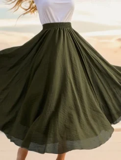 Outlet Women's Swing Long Skirt Casual Summer Maxi High Waist Skirts Solid Colored Layered Long Holiday Casual Daily Black Dark Gray Green Khaki Spring & Summer Linen Cotton Blend Women Skirts