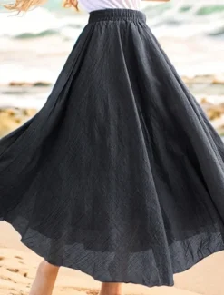 Outlet Women's Swing Long Skirt Casual Summer Maxi High Waist Skirts Solid Colored Layered Long Holiday Casual Daily Black Dark Gray Green Khaki Spring & Summer Linen Cotton Blend Women Skirts