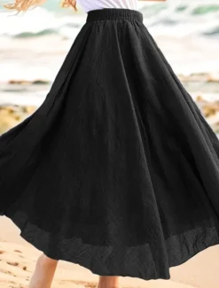 Outlet Women's Swing Long Skirt Casual Summer Maxi High Waist Skirts Solid Colored Layered Long Holiday Casual Daily Black Dark Gray Green Khaki Spring & Summer Linen Cotton Blend Women Skirts
