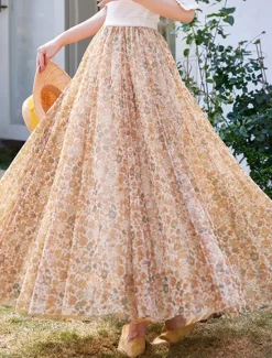 Hot Women's Swing Long Skirt Midi Skirts Lace Layered Print Floral Solid Colored Daily Date Spring & Summer Elegant Long Summer Black Pink Blue Orange Women Skirts
